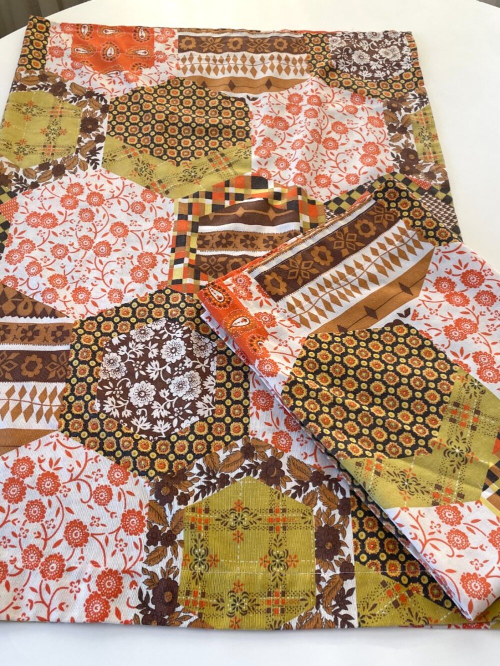 Pair of vintage 70s curtains, faux patchwork pattern, brown, orange and yellow